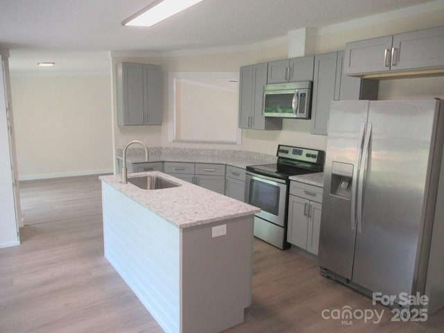 3315 Buffalo Shoals Rd, Newton, NC 28658 - kitchen with stainless steel appliances, a sink, gray cabinets, and an island with sink