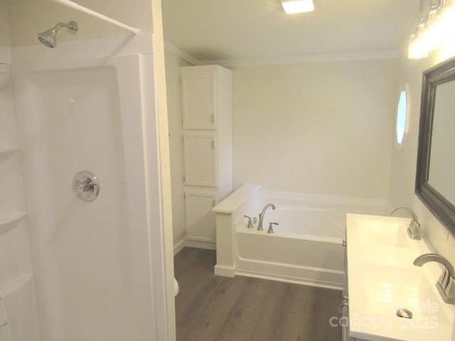3315 Buffalo Shoals Rd, Newton, NC 28658 - bathroom with wood finished floors, ornamental molding, a shower, a bath, and vanity