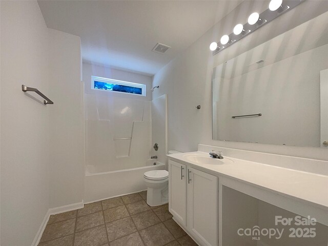 bathroom featuring toilet,  shower combination, visible vents, baseboards, and vanity