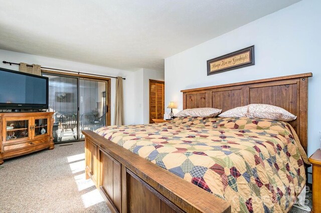 bedroom with access to exterior and light colored carpet