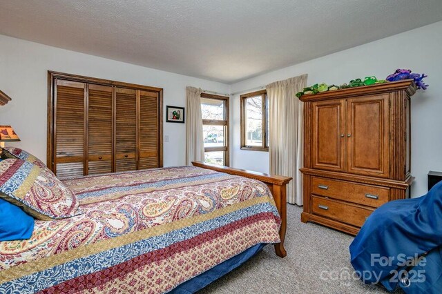 bedroom featuring light carpet and a closet