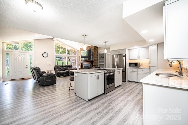 3520 4th Street Blvd NW, Hickory, NC 28601 - kitchen featuring stainless steel appliances, a sink, open floor plan, light wood-style flooring, and vaulted ceiling