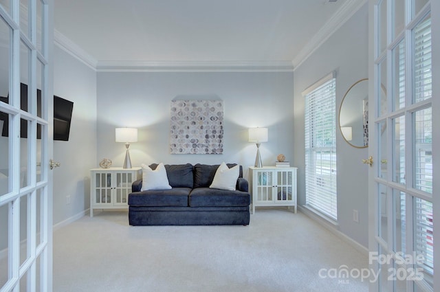 carpeted living area featuring french doors, ornamental molding, plenty of natural light, and baseboards