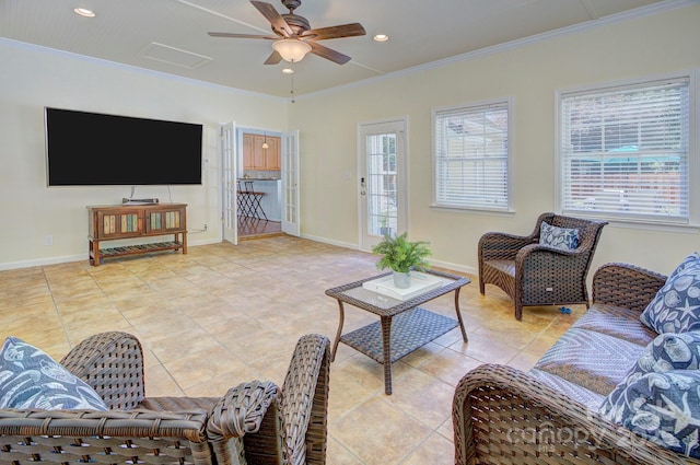 living room with ornamental molding, light tile patterned floors, ceiling fan, baseboards, and recessed lighting