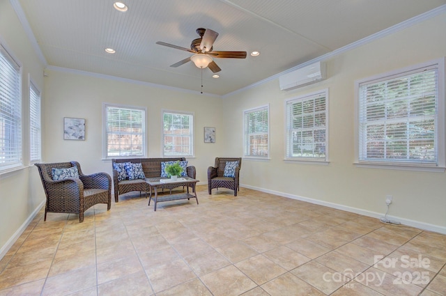 living area featuring crown molding, an AC wall unit, a ceiling fan, recessed lighting, and light tile patterned flooring