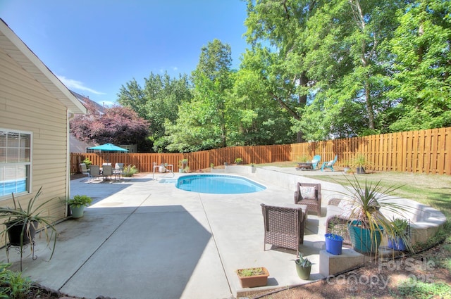 view of pool featuring a patio area, outdoor dining area, and a fenced backyard