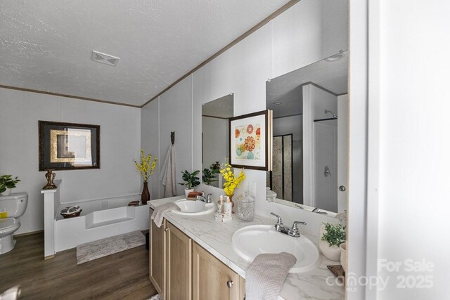 104 Advent Dr, Grover, NC 28073 - bathroom with toilet, wood finished floors, double vanity, a garden tub, and a textured ceiling