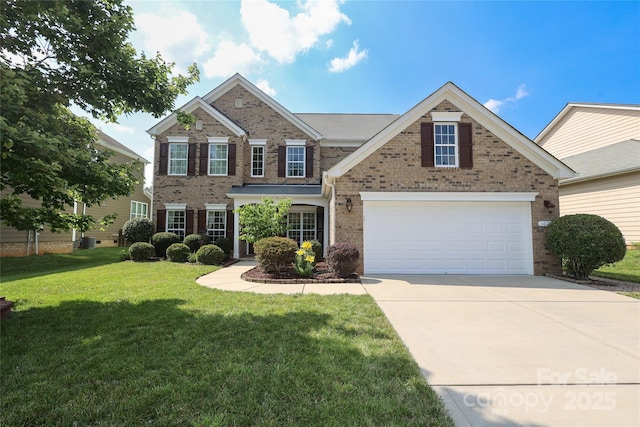 10217 Falling Leaf Dr, Concord, NC 28027 - traditional home featuring brick siding, concrete driveway, a front yard, and an attached garage