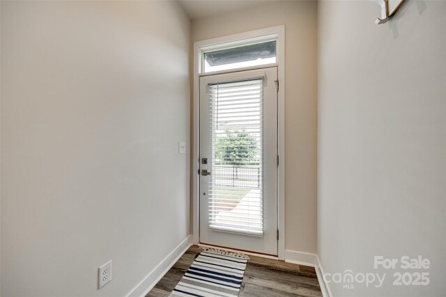 entryway with dark wood-type flooring, healthy amount of natural light, and baseboards