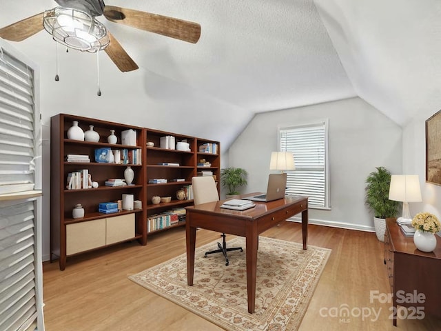 2581 Double Island Rd, Green Mountain, NC 28740 - home office featuring light wood finished floors, ceiling fan, and vaulted ceiling
