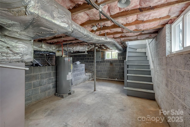 417 Mountain View Ave SE, Valdese, NC 28690 - basement featuring electric water heater, stairway, and electric panel