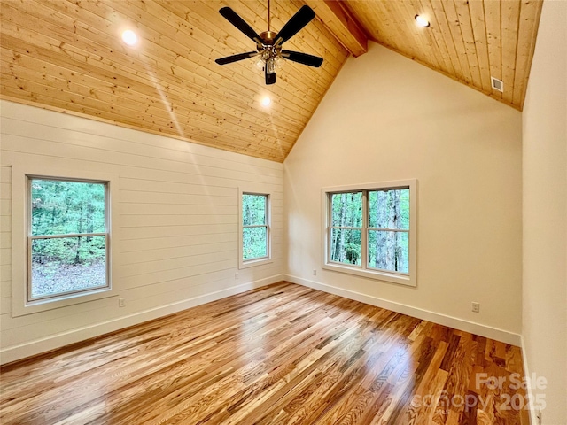 empty room featuring wood ceiling, wood finished floors, baseboards, beamed ceiling, and high vaulted ceiling