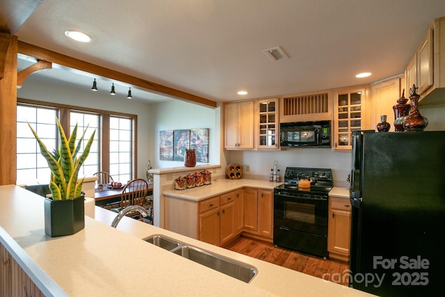 81 Creekside Way Unit F/101, Burnsville, NC 28714 - kitchen with black appliances, a peninsula, wood finished floors, light countertops, and a sink