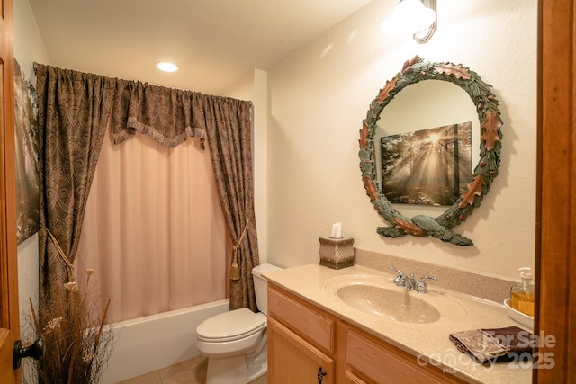 81 Creekside Way Unit F/101, Burnsville, NC 28714 - bathroom featuring vanity, toilet, tile patterned floors, shower / bath combo with shower curtain, and recessed lighting