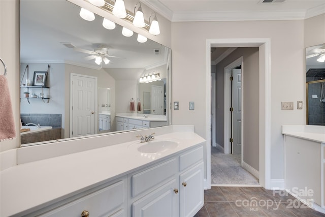 bathroom with a ceiling fan, ornamental molding, vanity, a shower, and baseboards