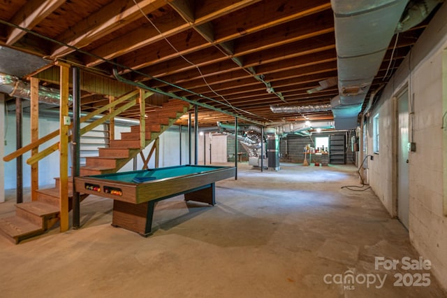 104 Ridge Dr, Stanley, NC 28164 - rec room with unfinished concrete flooring, heating unit, and billiards