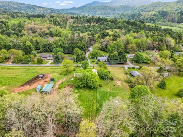 bird's eye view of a heavily wooded area and a mountainous background