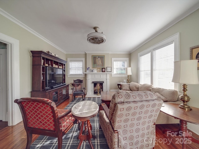907 Edgewood Cir, Gastonia, NC 28052 - living area with wood finished floors, ornamental molding, and a fireplace