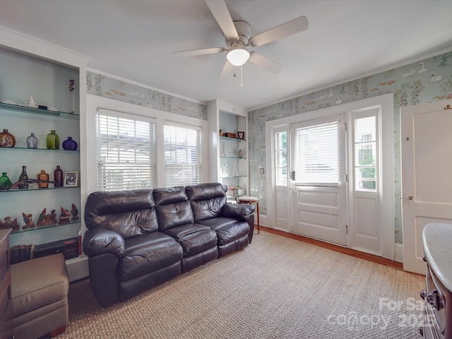 907 Edgewood Cir, Gastonia, NC 28052 - living room featuring wallpapered walls, a ceiling fan, and light wood finished floors