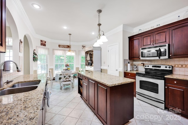 3610 Providence Mill Rd, Maiden, NC 28650 - kitchen featuring stainless steel appliances, a sink, tasteful backsplash, light tile patterned floors, and arched walkways