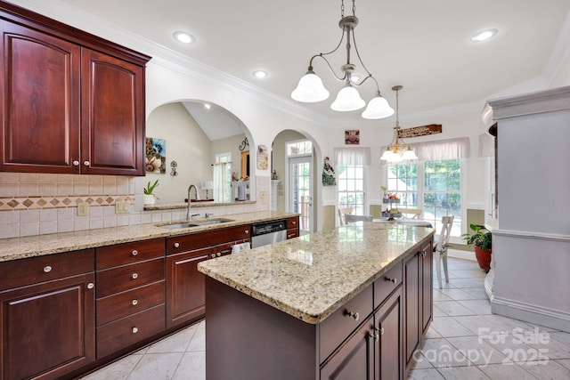 3610 Providence Mill Rd, Maiden, NC 28650 - kitchen with a sink, a center island, light tile patterned floors, backsplash, and ornamental molding
