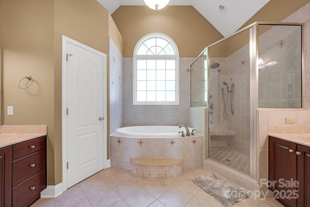 3610 Providence Mill Rd, Maiden, NC 28650 - bathroom featuring vanity, a shower stall, tile patterned floors, vaulted ceiling, and a bath