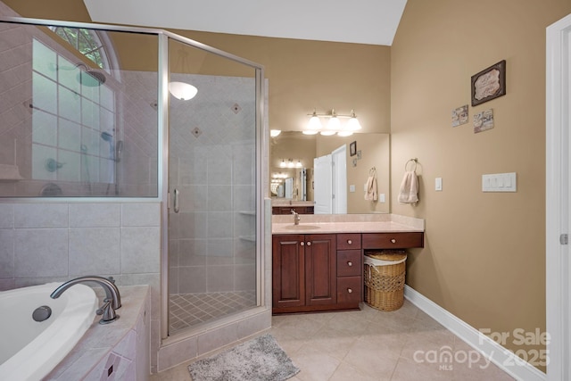 3610 Providence Mill Rd, Maiden, NC 28650 - bathroom featuring tile patterned flooring, baseboards, a stall shower, vanity, and a garden tub