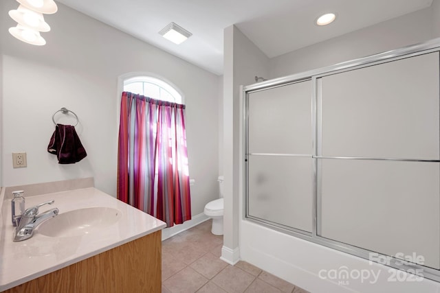 3610 Providence Mill Rd, Maiden, NC 28650 - bathroom with tile patterned flooring, toilet, vanity, recessed lighting, and shower / bath combination with glass door
