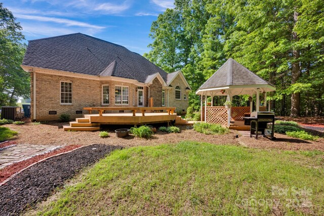 3610 Providence Mill Rd, Maiden, NC 28650 - back of property featuring a gazebo, central AC unit, a wooden deck, brick siding, and roof with shingles