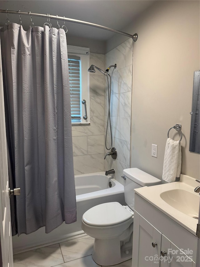 247 E Cabarrus Ave, Concord, NC 28025 - bathroom with vanity, shower / bathtub combination with curtain, and marble finish flooring