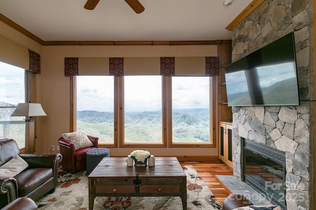 140 Slickrock Rd Unit F3, Burnsville, NC 28714 - living area with a fireplace, light wood-type flooring, a wealth of natural light, and a ceiling fan