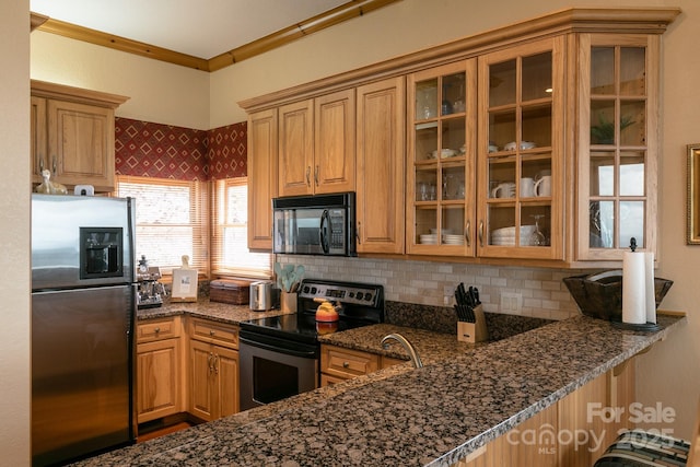 140 Slickrock Rd Unit F3, Burnsville, NC 28714 - kitchen featuring crown molding, decorative backsplash, appliances with stainless steel finishes, and glass insert cabinets