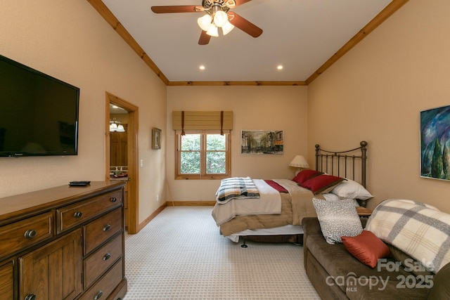 140 Slickrock Rd Unit F3, Burnsville, NC 28714 - bedroom with crown molding, light carpet, baseboards, and ceiling fan