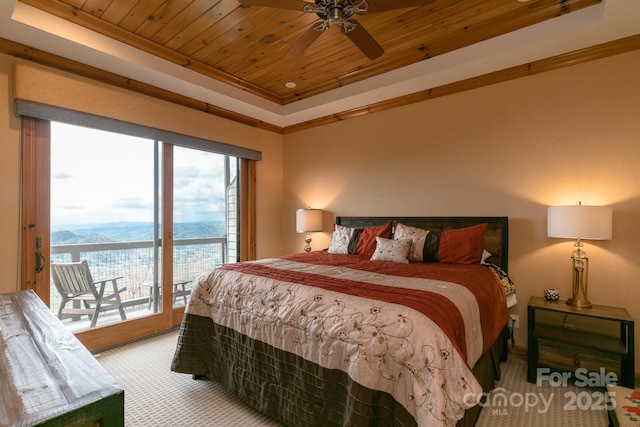 140 Slickrock Rd Unit F3, Burnsville, NC 28714 - carpeted bedroom with a mountain view, wooden ceiling, ceiling fan, a raised ceiling, and access to outside