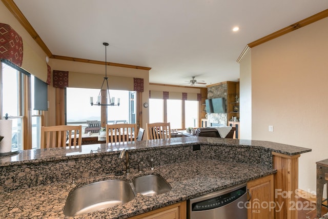 140 Slickrock Rd Unit F3, Burnsville, NC 28714 - kitchen featuring a sink, dark stone countertops, open floor plan, a ceiling fan, and stainless steel dishwasher