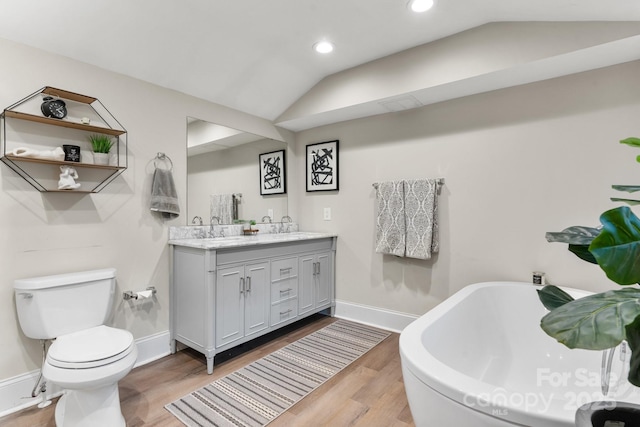 2212 Acme Rd, Belmont, NC 28012 - bathroom featuring vaulted ceiling, wood finished floors, toilet, a soaking tub, and double vanity