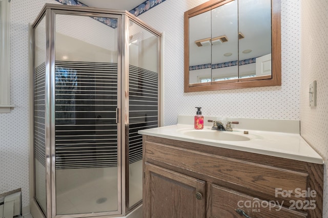 184 Buff Ridge Rd, Boone, NC 28607 - full bath featuring wallpapered walls, a shower stall, and vanity