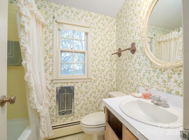 184 Buff Ridge Rd, Boone, NC 28607 - full bath featuring a baseboard radiator, toilet, wallpapered walls, vanity, and shower / bath combo