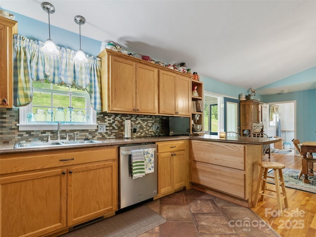 17 Gun Flint Dr, Burnsville, NC 28714 - kitchen with dishwasher, a sink, backsplash, a peninsula, and open shelves