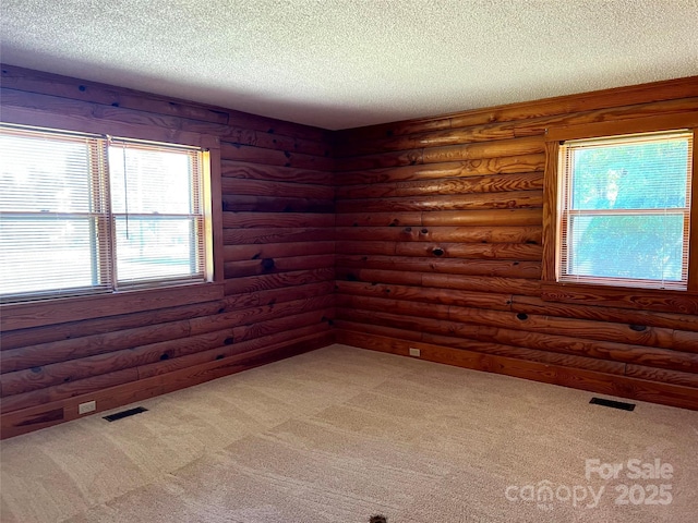 spare room with a textured ceiling, carpet floors, and rustic walls