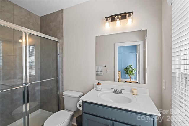 bathroom with a shower stall, toilet, vanity, and healthy amount of natural light