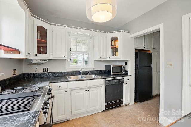 kitchen featuring black appliances, white cabinets, a sink, and glass insert cabinets