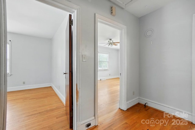 hall featuring attic access, baseboards, and light wood-style floors