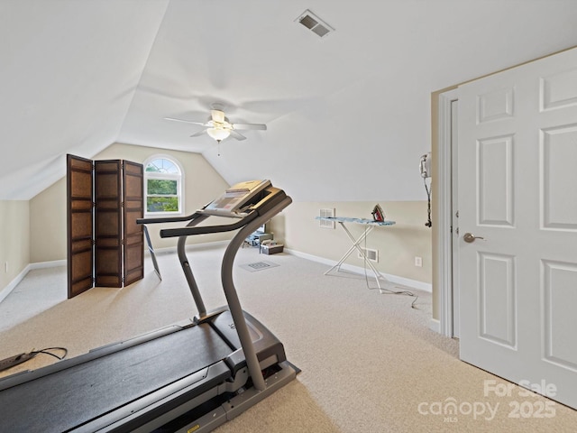 workout area with lofted ceiling, visible vents, carpet floors, a ceiling fan, and baseboards