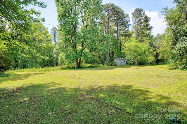 view of green lawn with a storage shed and an outdoor structure