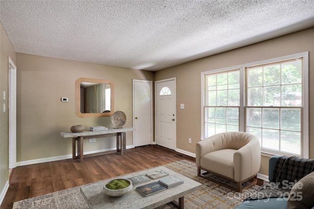 living room featuring wood finished floors, plenty of natural light, a textured ceiling, and baseboards