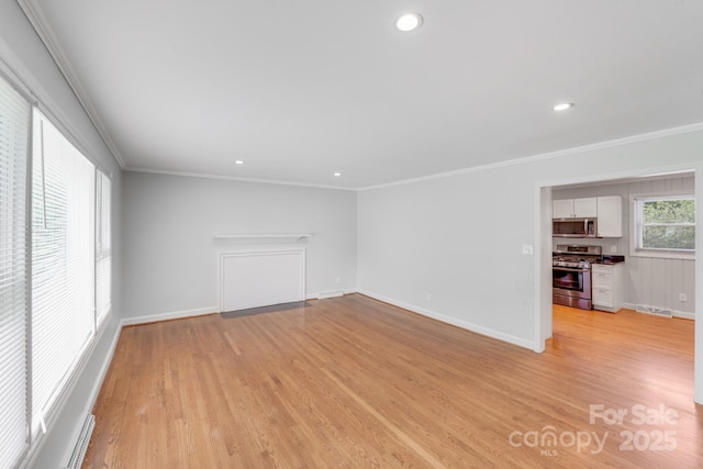 2001 Tyvola Rd, Charlotte, NC 28210 - unfurnished living room with light wood-style floors, baseboards, ornamental molding, and recessed lighting