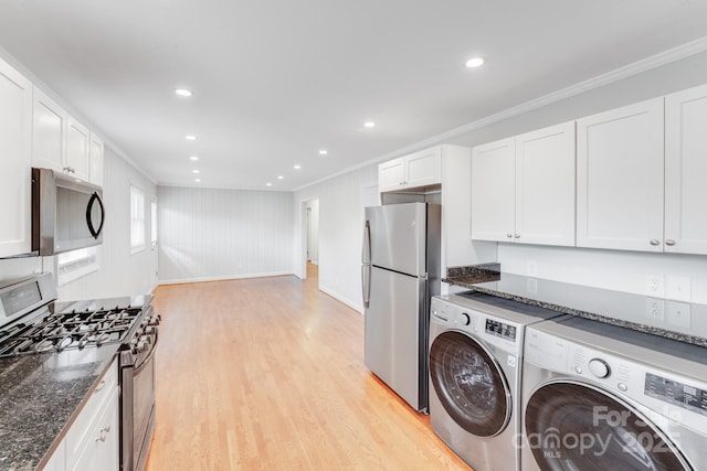 2001 Tyvola Rd, Charlotte, NC 28210 - laundry room with independent washer and dryer, crown molding, light wood-type flooring, recessed lighting, and baseboards