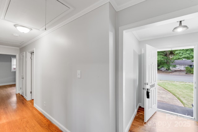 2001 Tyvola Rd, Charlotte, NC 28210 - hall with attic access, light wood finished floors, ornamental molding, and baseboards