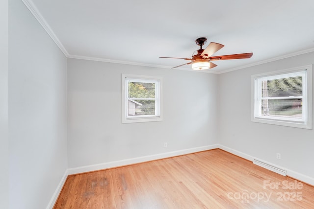 2001 Tyvola Rd, Charlotte, NC 28210 - unfurnished room with wood finished floors, baseboards, ornamental molding, and ceiling fan